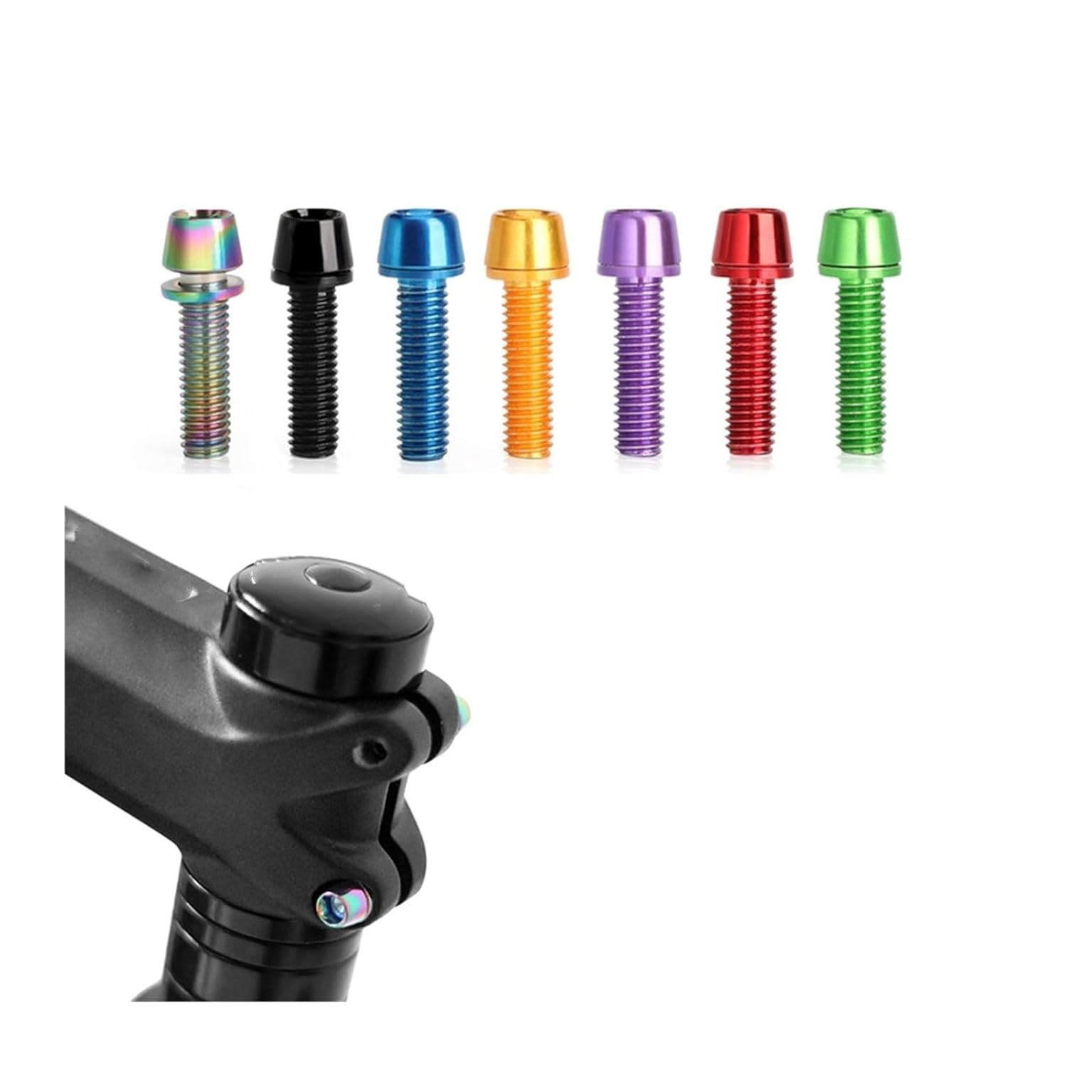 IOFIT M5*18MM Bicycle Handlebar Stem Screws in various colors, with one installed on a bicycle stem.