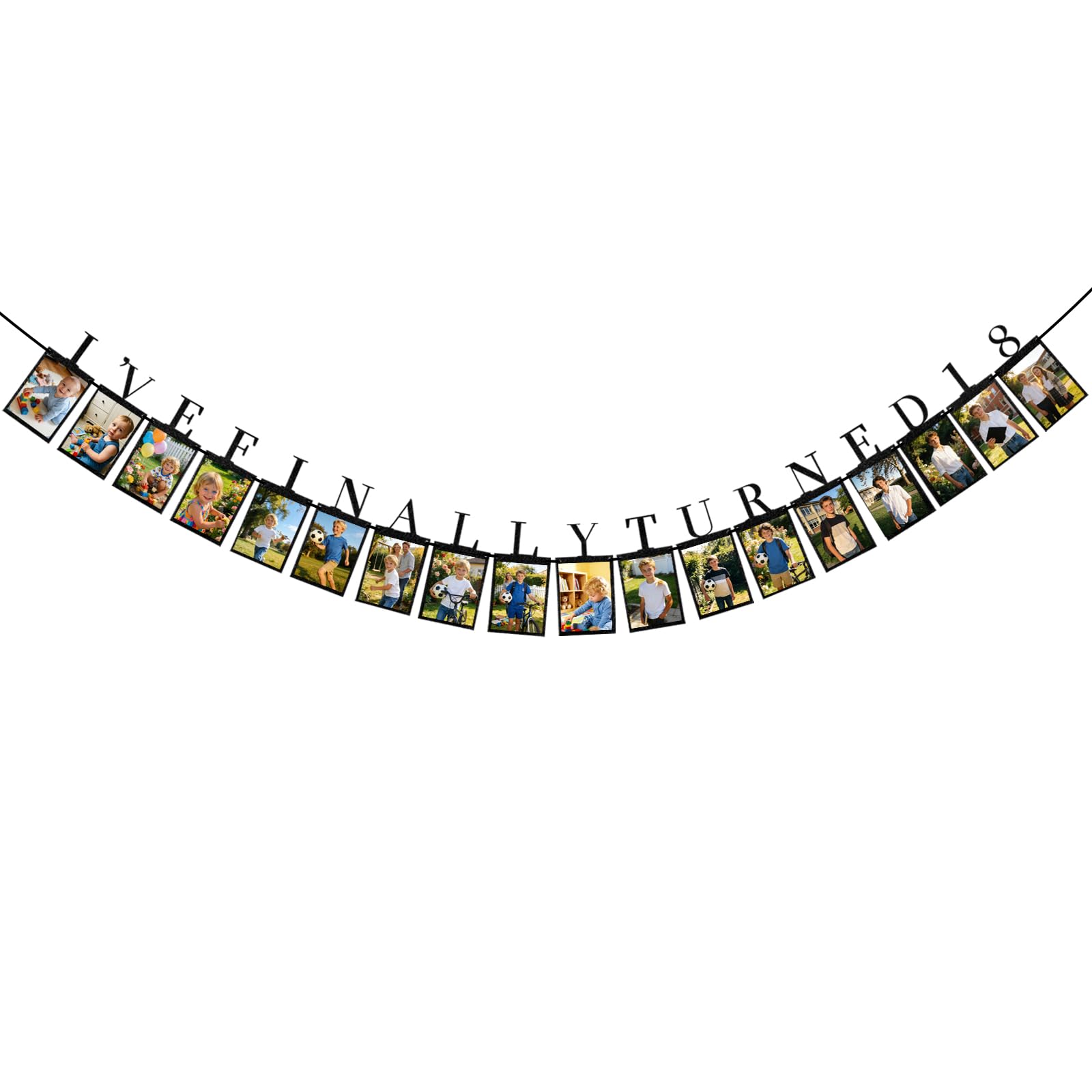 NETFLO 18th Photo Birthday Banner for Teenage Girls Boys Photo Banner 18 Photo Slots Growth Milestone Banner with Glitter Hanging Garland Bunting for Party Photo Props Decorations (Black)