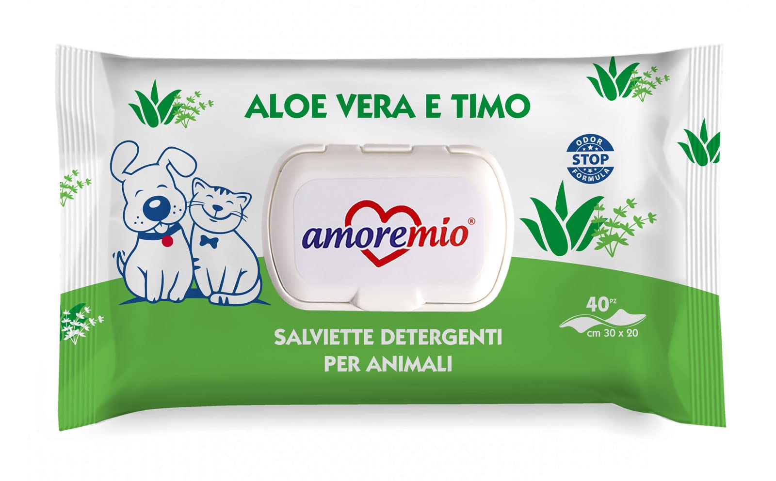 AMORE MIO 560 Salviette Aloe Vera e Timo Extra Large per Il Manto di Cani, Gatti e Animali Domestici, Disinfettanti e Igienizzanti, 30x20 cm - 14 Confezioni da 40 Salviettine