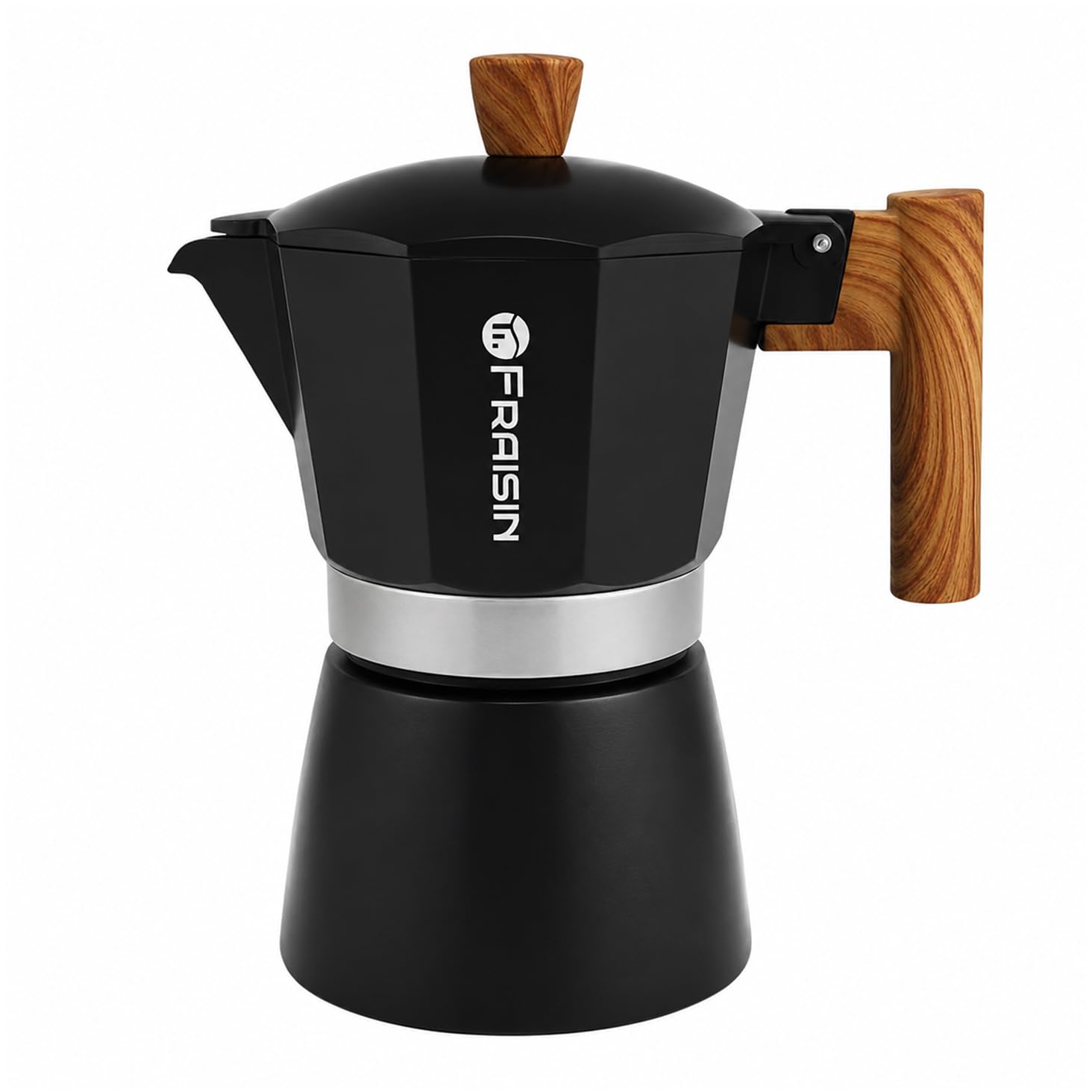 FRAISIN Stovetop Espresso Moka Pot Coffee Maker, Non-slip Wood Grain Handle, Cast Aluminum, Compatible with Gas, and Electric Stoves (Black, 6 cups)