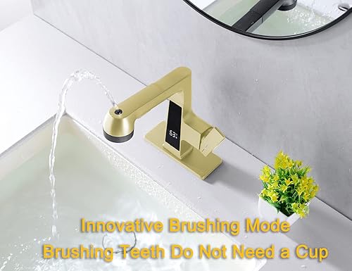 Miniatura 6 de Qeemee Grifo de Baño LED con Grifo de Salida Extraíble, Grifo de Fregadero de Oro Cepillado con Pantalla Digital de Temperatura, Grifo de Lavabo de