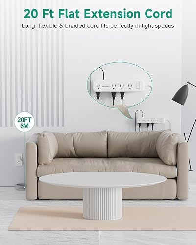 Miniatura 2 de Cable de extensión plano de 20 pies, múltiples tomacorrientes, protector de sobretensiones, 8 salidas de CA, 3 USB de carga rápida (3.4 A 17 W),