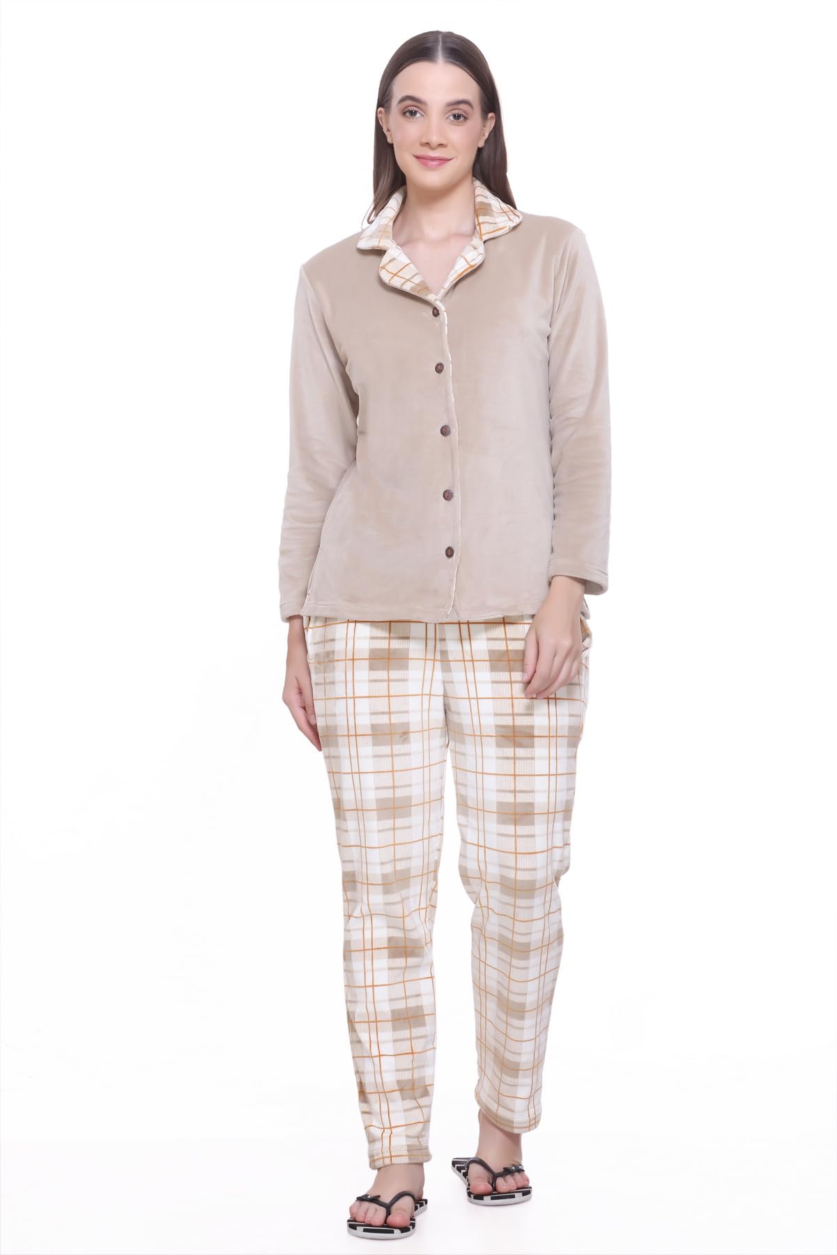 Women's Winter Plush Button-Down Pajama Night Suit Set, Beige Top with Plaid Pants, Long Sleeve Winter Sleepwear| Winterwear NightSuits Set-image-34