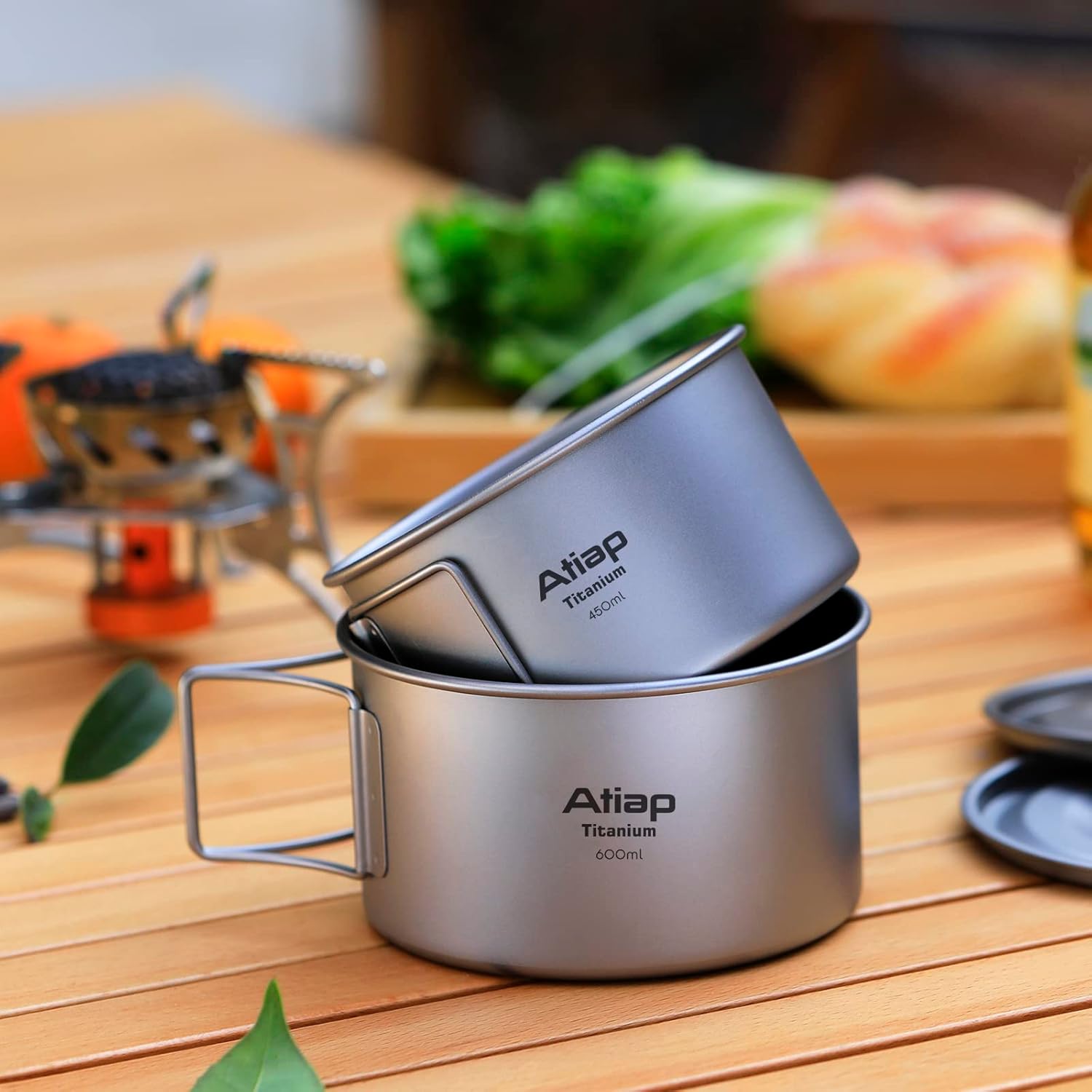 Titanium Bowl Pot with Foldable Handle, Single-Wall Titanium Cooking Tableware Bowl with Folding Handle for Outdoor Camping Hiking Picnic (450ML and 600ML with Lid)