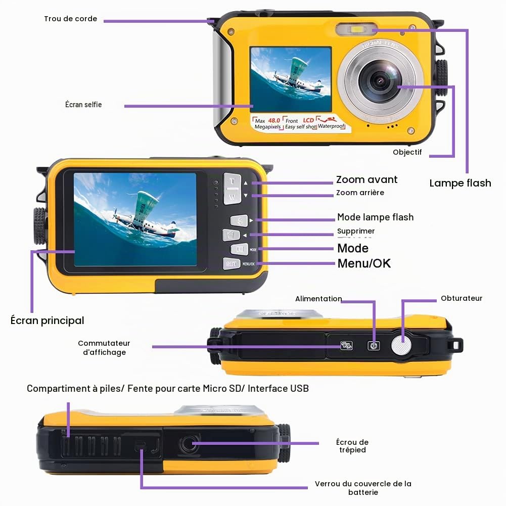 Appareil Photo Etanche Numérique Full HD 2.7K 48MP Camera Etanche pour la plongée en apnée Camera sous Marine à Double écran avec Retardateur et Zoom Numérique 16X