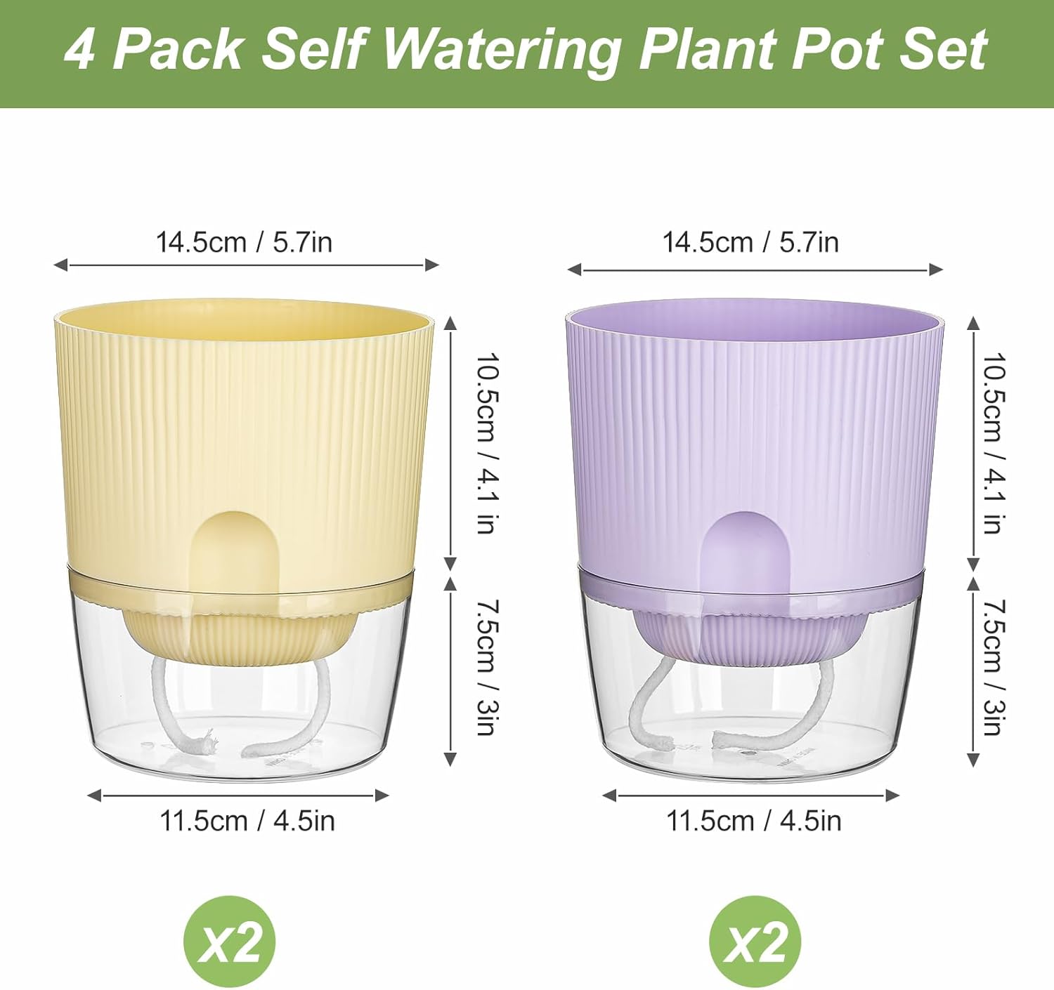 Self Watering Pots for Indoor Plants, 4 Pack 5.7 Inch Flower Pots with Deep Reservoir & Drainage Holes, Yellow Purple Plastic Planters with Water Level Window for Succulents Orchids