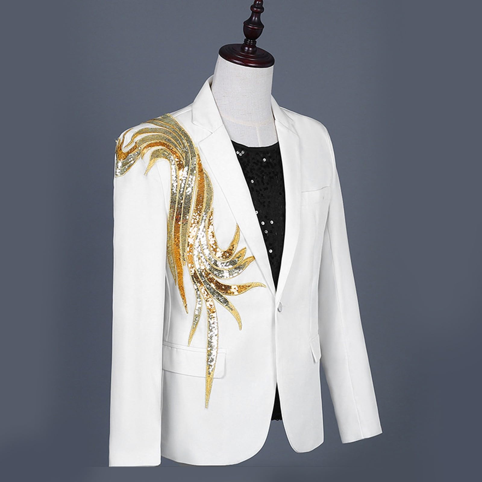 Abito con paillettes da uomo, giacca lucida, stile retrò, oro, con ricamo, blazer scintillante, slim fit, per feste, balli di fine anno