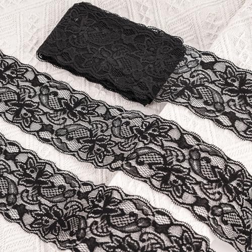 VGOODALL 3 Inch Black Lace Ribbon, 10 Yards Wide Lace Trim for Sewing Elastic Floral by Roll for Bridal Wedding Decoration DIY Sewing Craft Gift Wrapping Supply