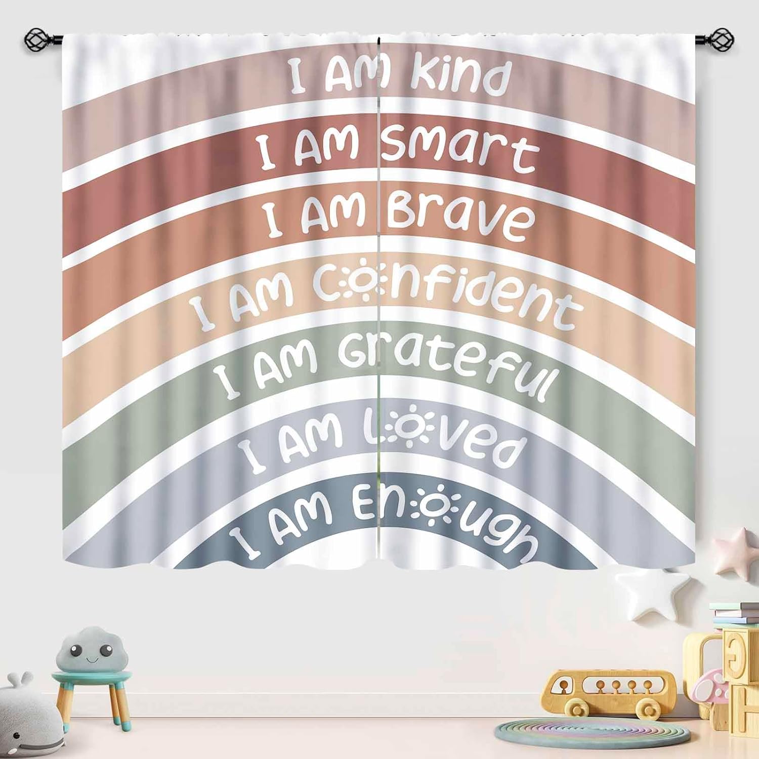 Kids Rainbow Curtains,Colorful Rainbow Alphabet ABC Numbers Nursery Educational Baby Girl Boy Child Toddler Bedroom Window Drapes,Boho Cartoon Stars Living Room Window Curtains 2 Panels,42X54 Inch