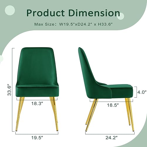 Miniatura 3 de KithKasa Juego de 2 sillas de comedor tapizadas de terciopelo con patas doradas para cocina, color verde