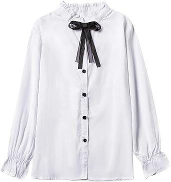 SOLOCOTE Girls White Blouse Ruffle Long Sleeve Button Down Shirts Princess Cotton Loose Soft Tops Spring and Summer, SLN9009 9-10 White