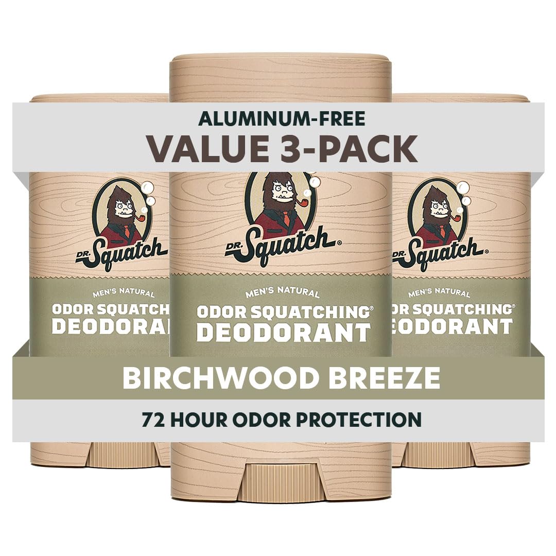 - Dr. Squatch Natural Men’s Deodorant – Aluminum Free Natural Deodorant Men with Charcoal & Postbiotics for 72-Hour Odor Protection – Birchwood Breeze, 2.65oz Stick (3-Pack)