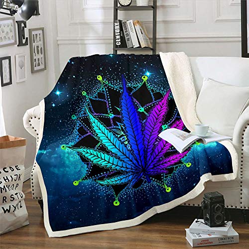 Erosebridal Cannabis Leaves Flannel Blanket Bohemian Mandala Sherpa Blanket Marijuana Weed Leaf Plush Blanket Galaxy Starry Sky Trippy Bed Blanket, Blue Purple Fuzzy Blanket Throw 50"x60"