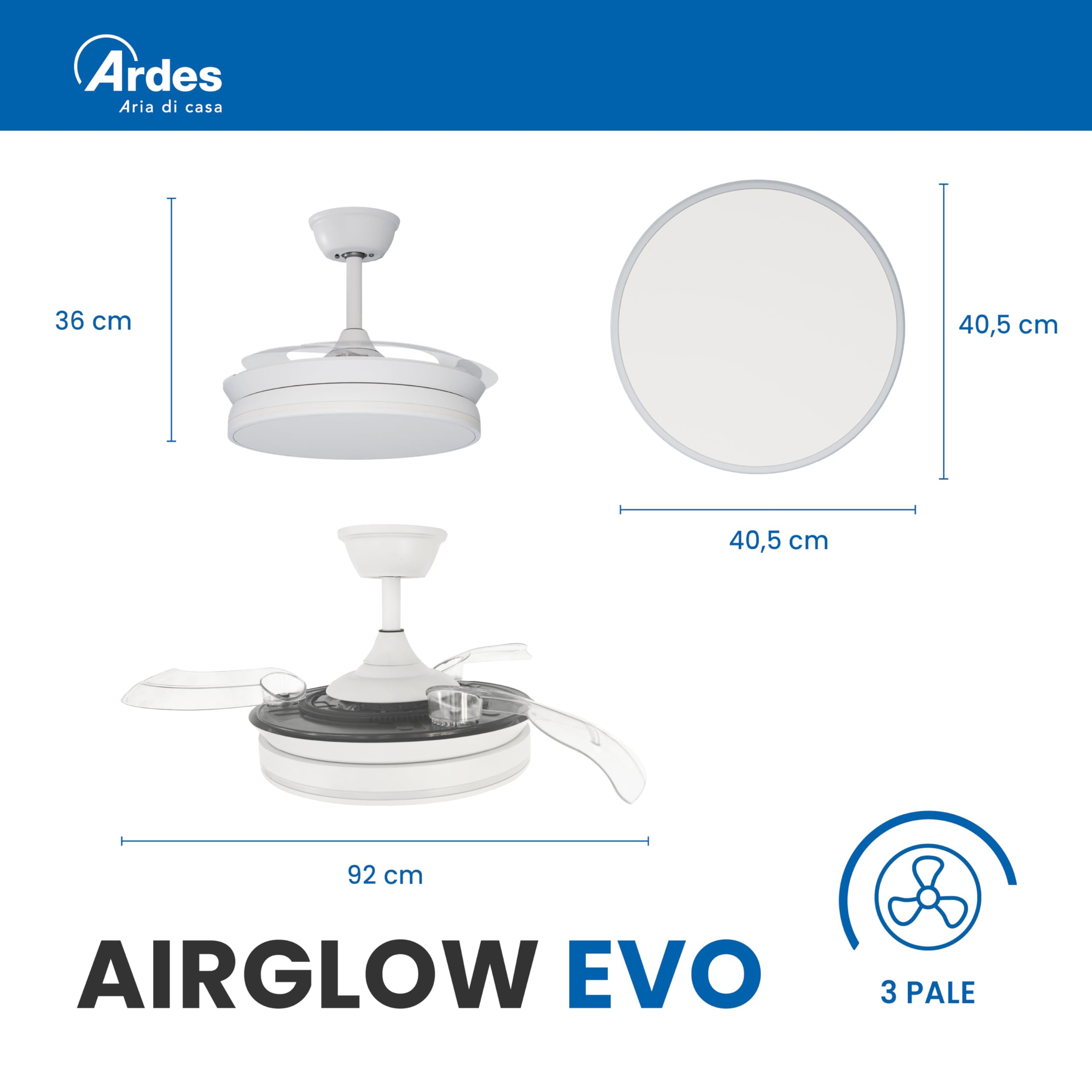 ARDES AIRGLOW EVO AR5PL92 Ventilatore da soffitto Ø92 cm con motore DC 59 W, pale retrattili e luce LED 2200 lm regolabile 3000–6000 K per uso domestico