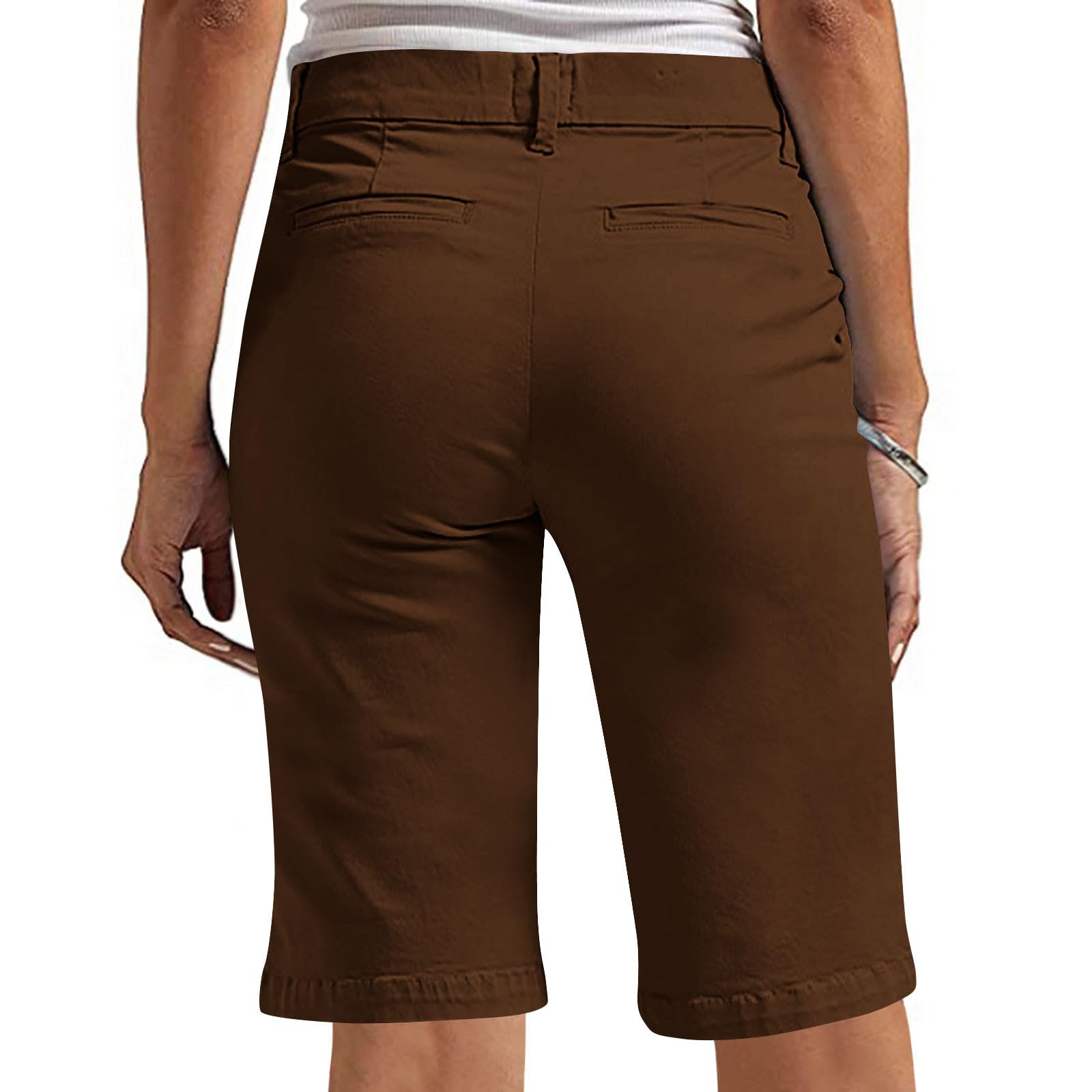 Bermuda Shorts Women Knee Length Straight Leg Bottom Casual High Waisted Chino Shorts Hiking Vacation Beach Outfit(#01 Brown,Small)