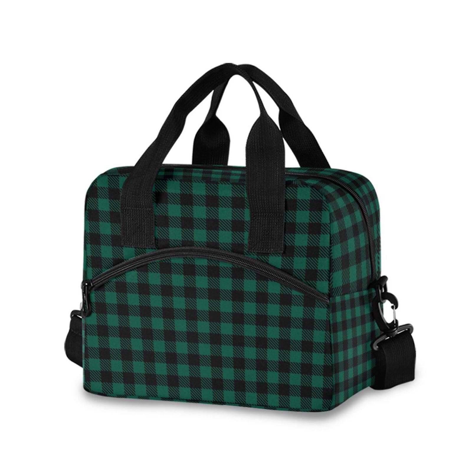 Sinestour Insulated Lunch Bag Reusable Cooler Black Green Checkered Lunch Box Adjustable Shoulder Strap for School Men Women