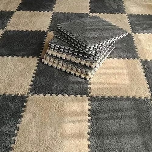 Image of Typutomi 10pcs Plush Puzzle Foam Floor Mat, Soft Fluffy Interlocking Square Foam Tiles Area Rugs Carpet for Parlor Bedroom Decoration(11.8x11.8in, Grey & Light Brown)