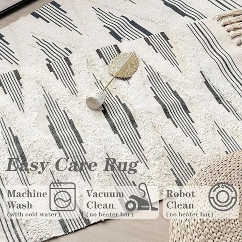 Image of Hand Woven 100% Natural Cotton Export Quality Designer Rug,Carpet, Bed Side Runner for Bedroom,Living Room, Size-2x5 feet or 60 cms x 152 cms (Black Zigzag)