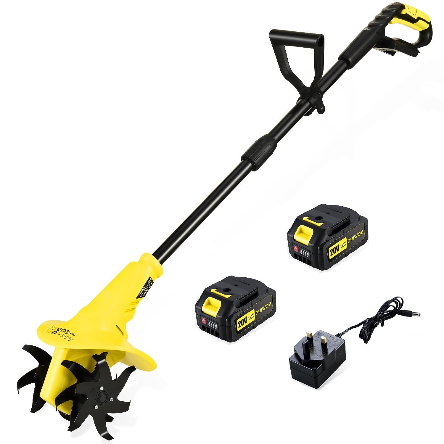 PHIWOS 20V Cordless Tiller Cultivator, Electric Garden Rotary Soil hand Tiller, 20cm Working Width, 13cm Working Depth, 2 * 4.0Ah Li-ion Rechargeable Batteries and Charger Include