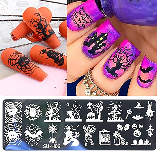 Halloween Nail Art Stamping Plates, 6 Pcs Halloween Nail Stamper Kit Horror Ghost Skull Pumpkin Spider Witch Nail Art Stencils Plates Halloween Holiday Party Manicure Template Design Tool #TOP7