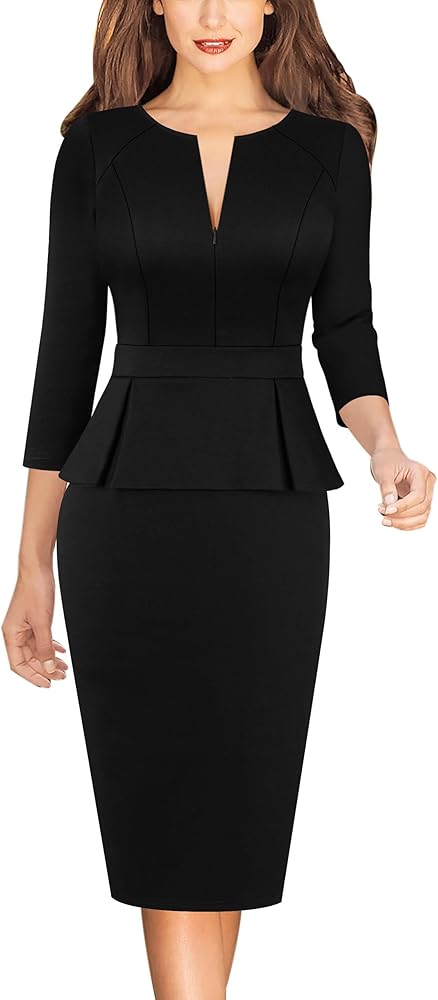 VFSHOW Womens Wear to Work Front Zipper Peplum Fitted Pencil
