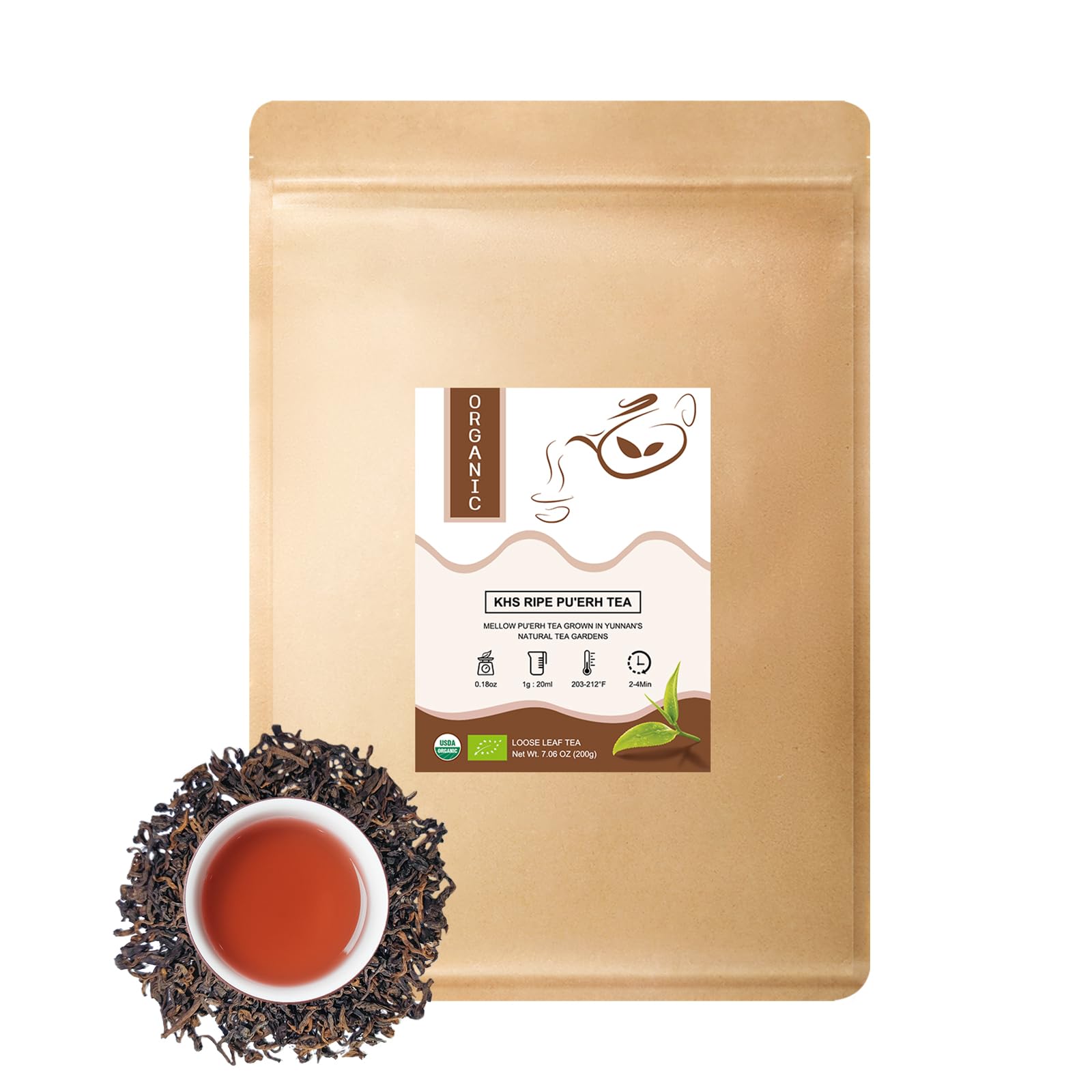 Organic Pu Erh Tea, 7.06 Oz USDA Certified Aged Fermented Organic Ripe Puerh Tea Loose Leaf Black Tea, No Dust Production Workshop, Chinese Yunnan