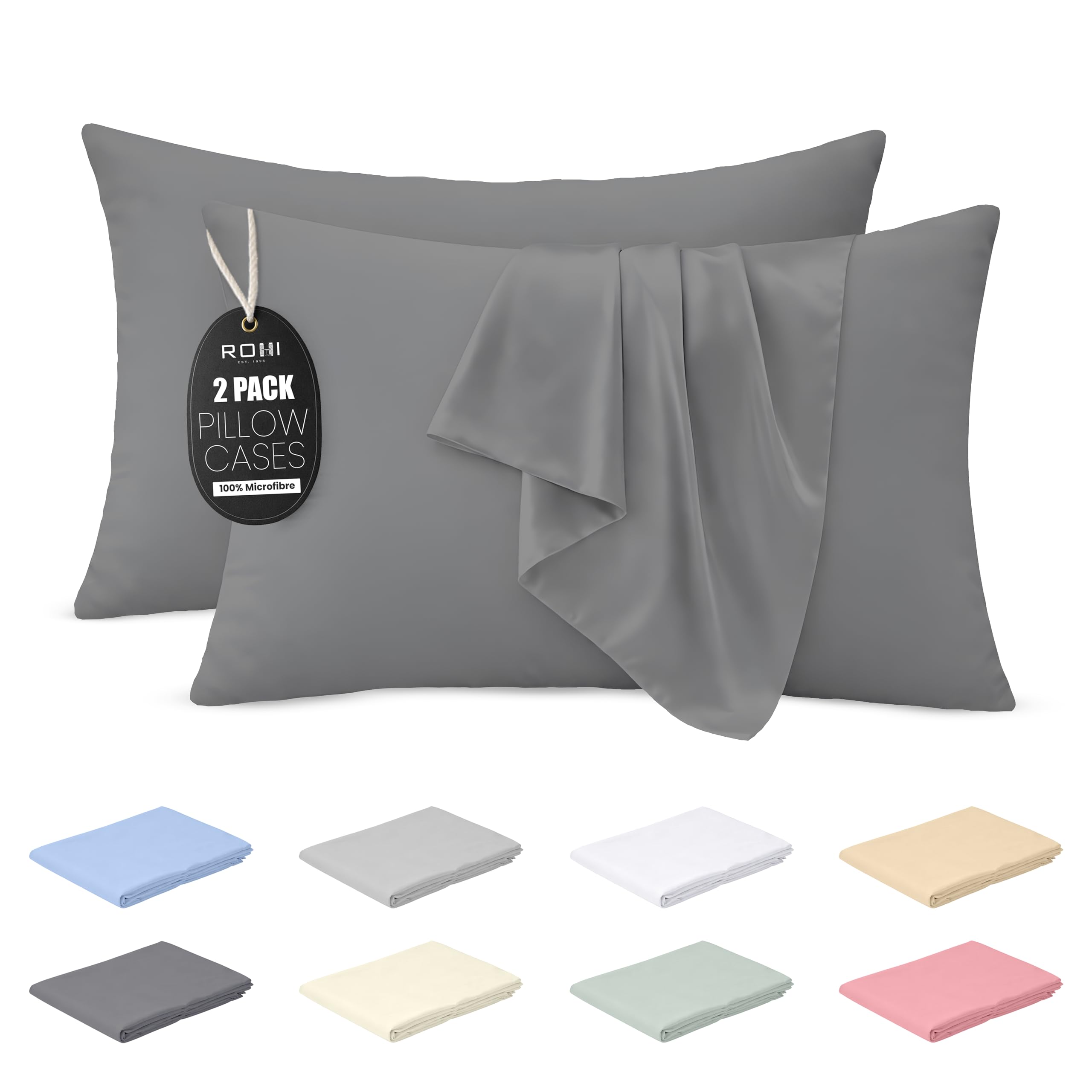 Rohi Grey Microfibre Pillowcases 2 Pack – Soft & Smooth Envelope Closure Pillow Covers – Fade Resistant & Breathable Pillows Cases – Standard Size (50X75 Cm)