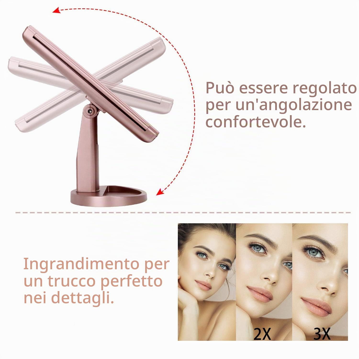 deweisn Specchio Trucco con 21 LEDs, Specchio di Vanity Trifold Ruota di 180° Ingrandimento 1x / 2X / 3X Specchio per Il con Touchscreen per Il Trucco e la Cura della Pelle (Oro Rosa)