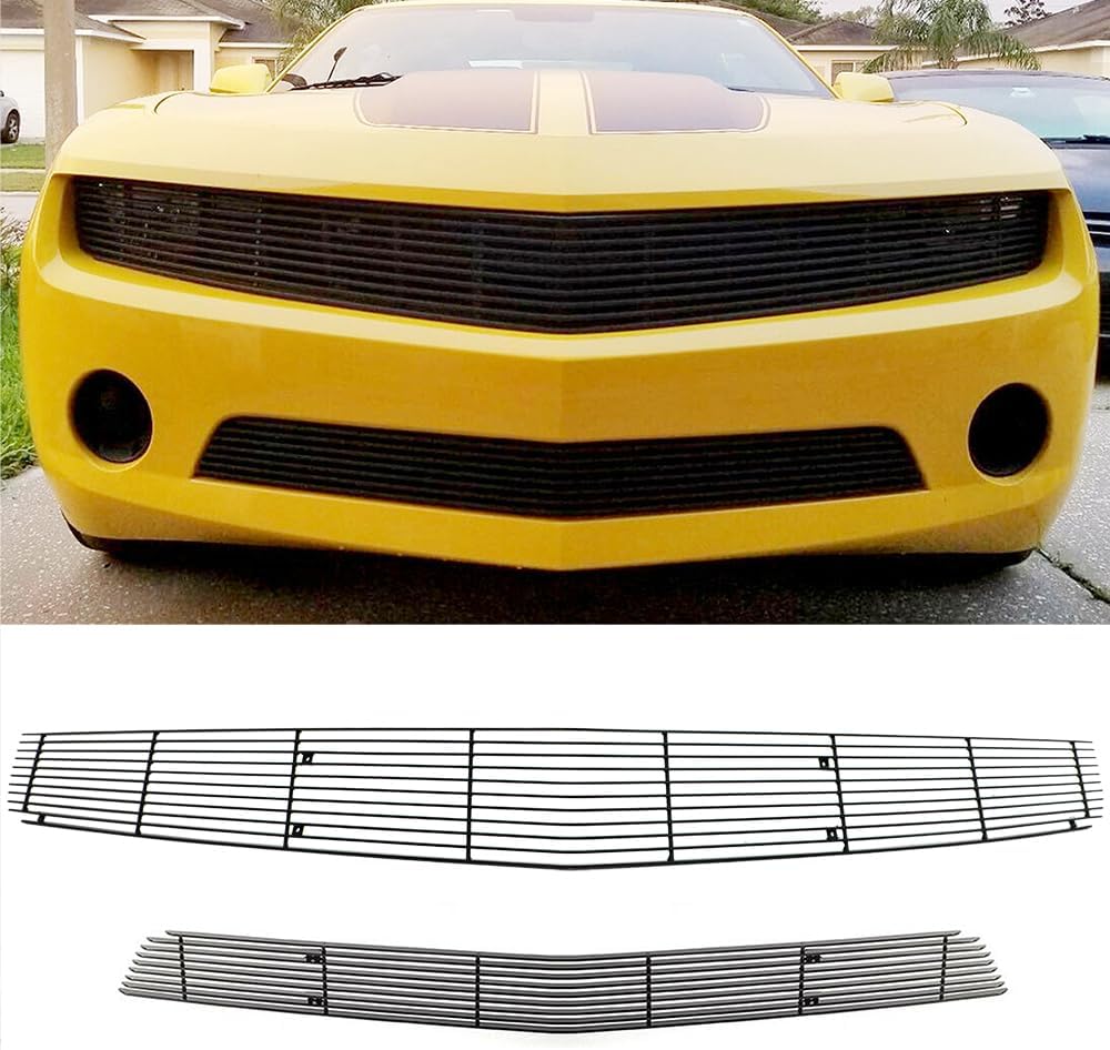 Front Black Billet Grille Insert Compatible with 2010-2013 Chevy Camaro LT/LS V6 Phantom Style Main Upper Lower Bumper Aluminum Billet Grill 2011 2012