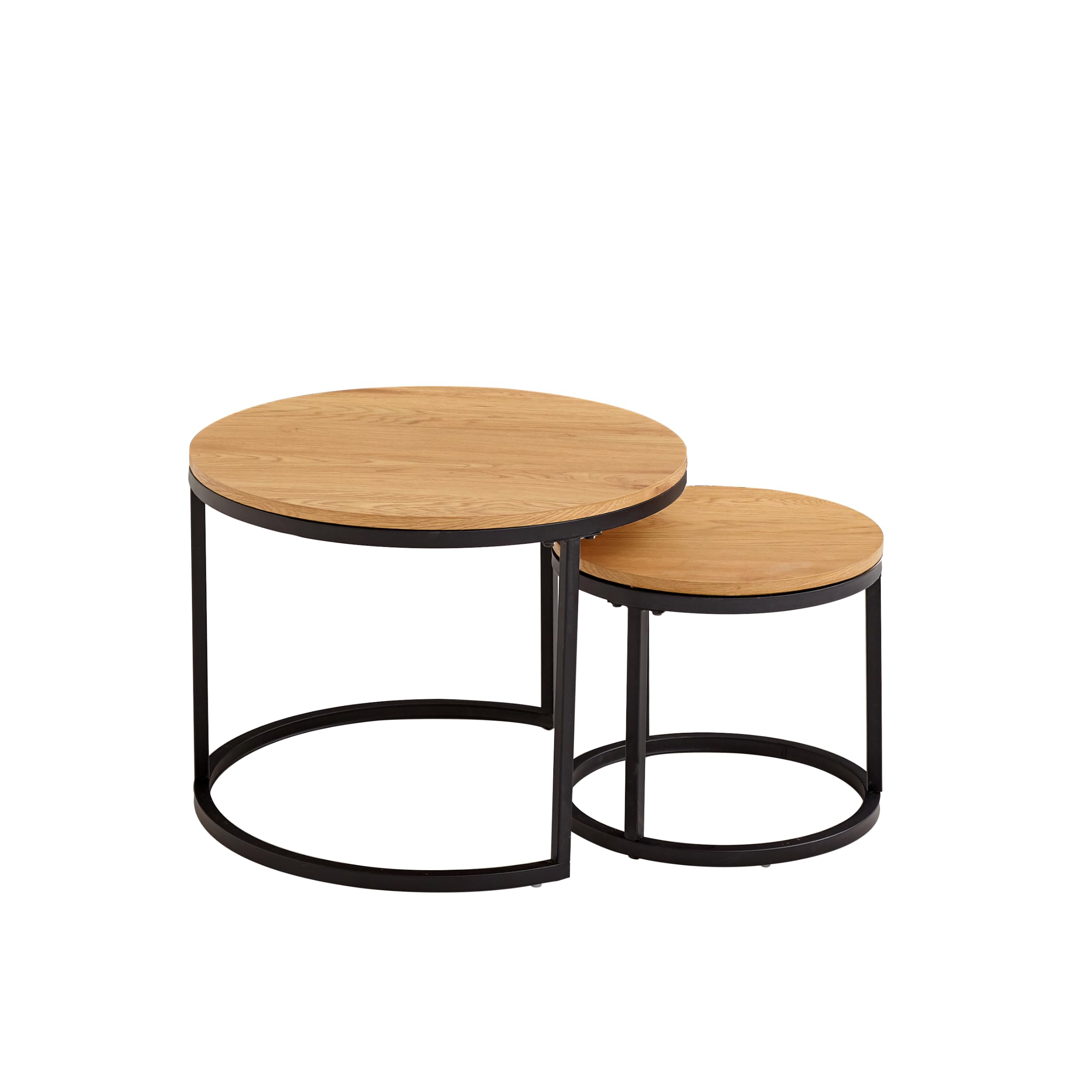 GrandCA Home Couchtisch 2er Set,Stapelbarer Couchtisch, Couchtische Rund, MDF-Tischplatte, Schwarze Tischbeine aus Edelstahl，Geeignet für Wohnzimmer, Esszimmer（Ø60 x 45H cm，Ø40x35H cm，Eiche Hell）
