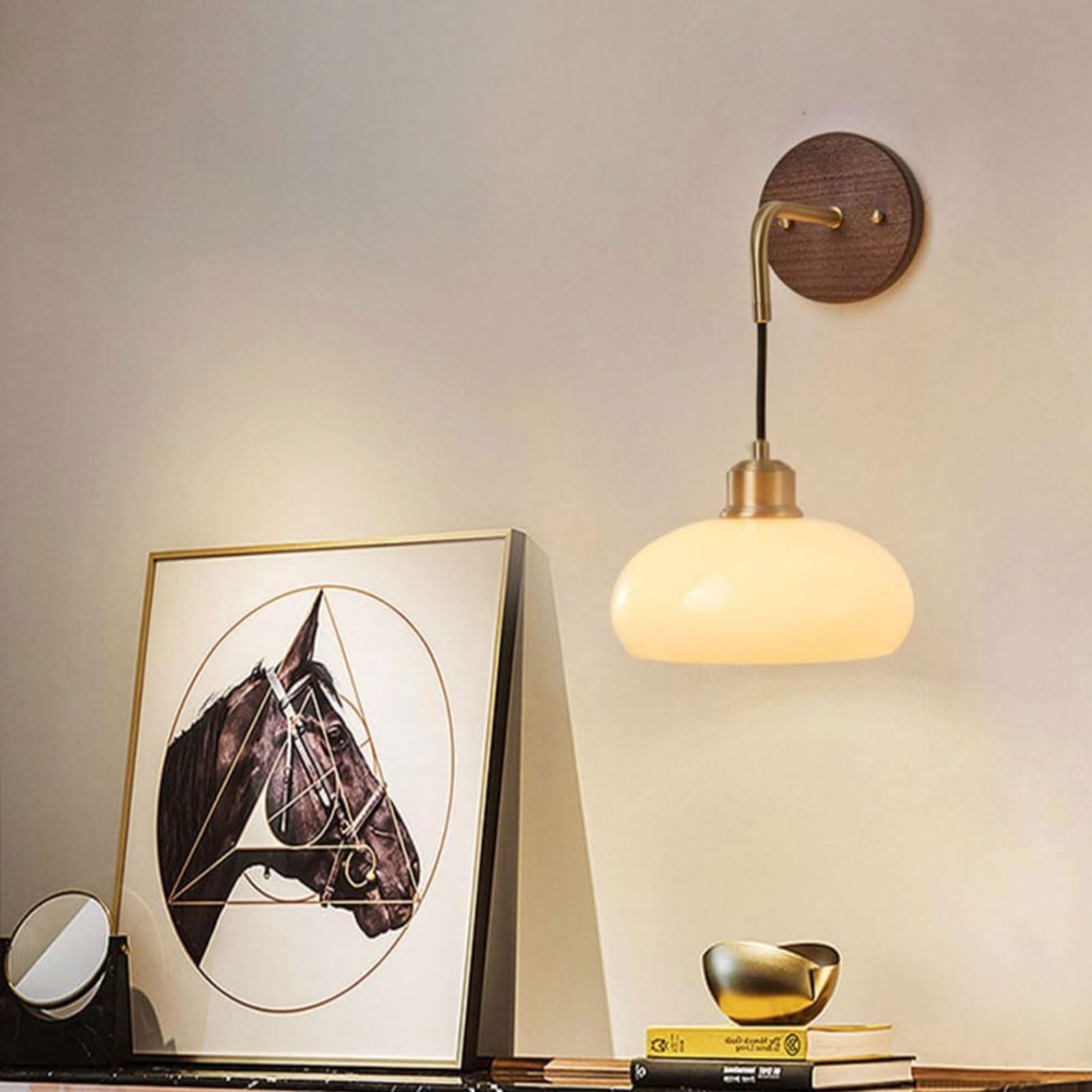 Regulowana Lampa ścienna W Stylu Retro Z Orzecha Włoskiego, Z Mosiężną Podstawą E27, Wiszącym Kloszem Z Kremowego Szkła, Odpowiednia Do Oświetlenia Ogrodu (1 Pack)