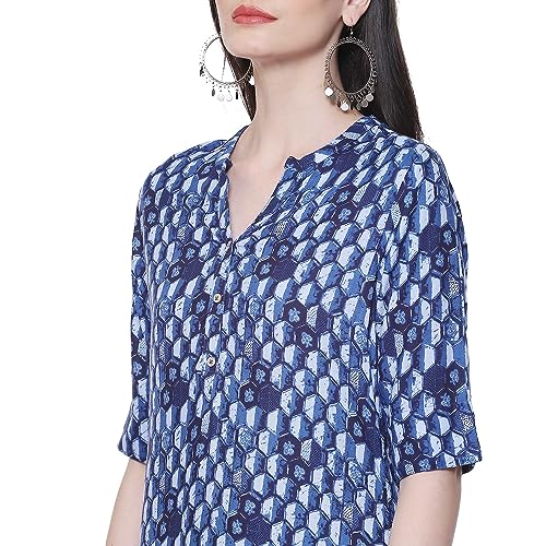Image of Rangriti Indigo Blue Liva Straight Printed Kurta for Women