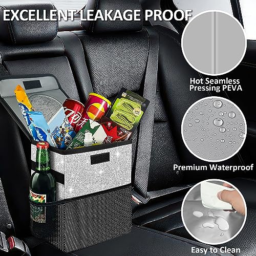 Image of Cute Mini Car Trash Bag with Lid, Glitter Garbage Can Bin Hanging for Back /Front Seat /Console, Waterproof, Leakproof, 2.5 Gallon, Silver Bling Sparkly