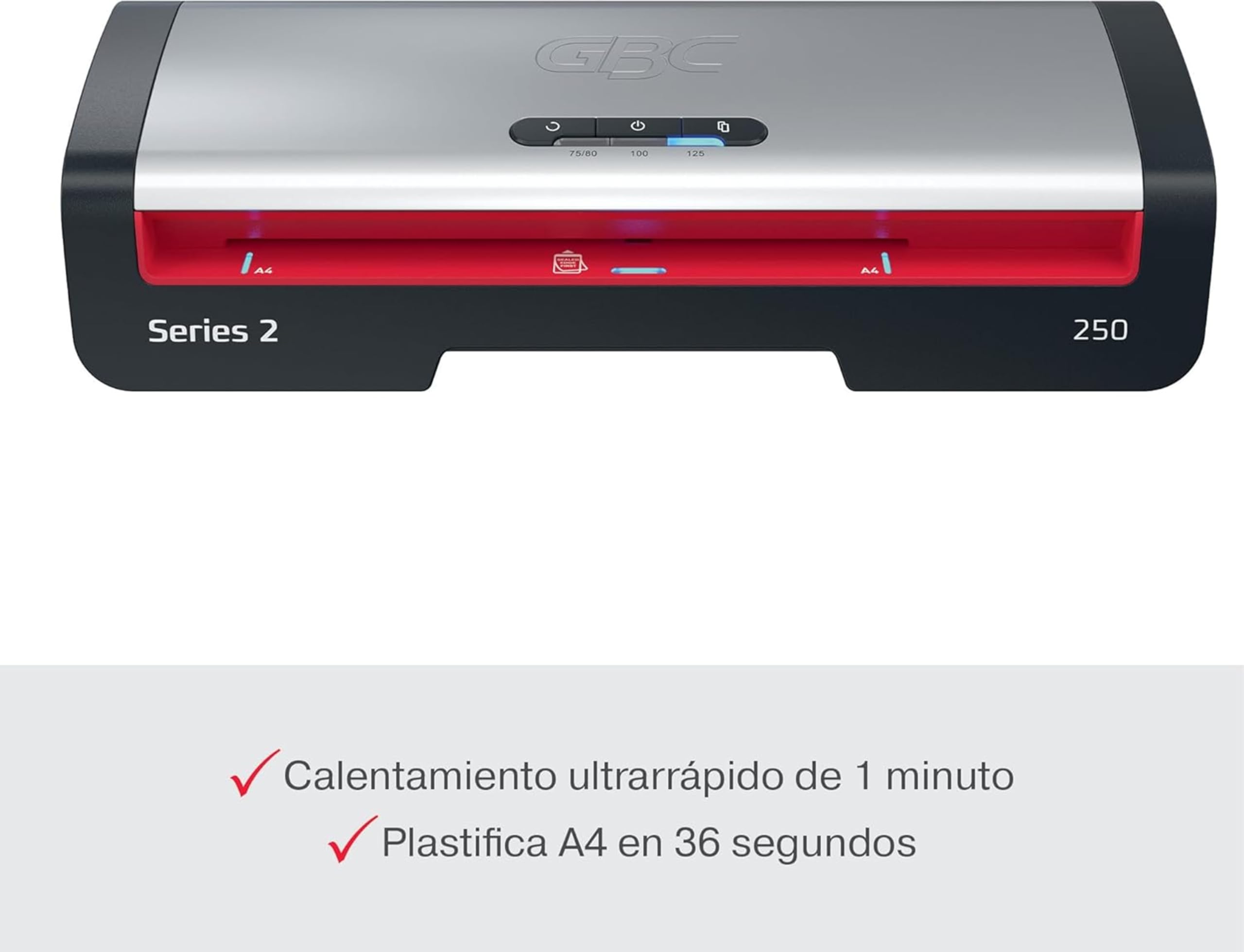GBC 4410070EU - Plastificadora 250 Office A4, Calentamiento Rápido 1 Minuto, 75-125 Micras, LED de Guía de Entrada, Antiatascos, Apagado Automático, Incluye 5 Fundas de Plastificación A4, Negro/Rojo