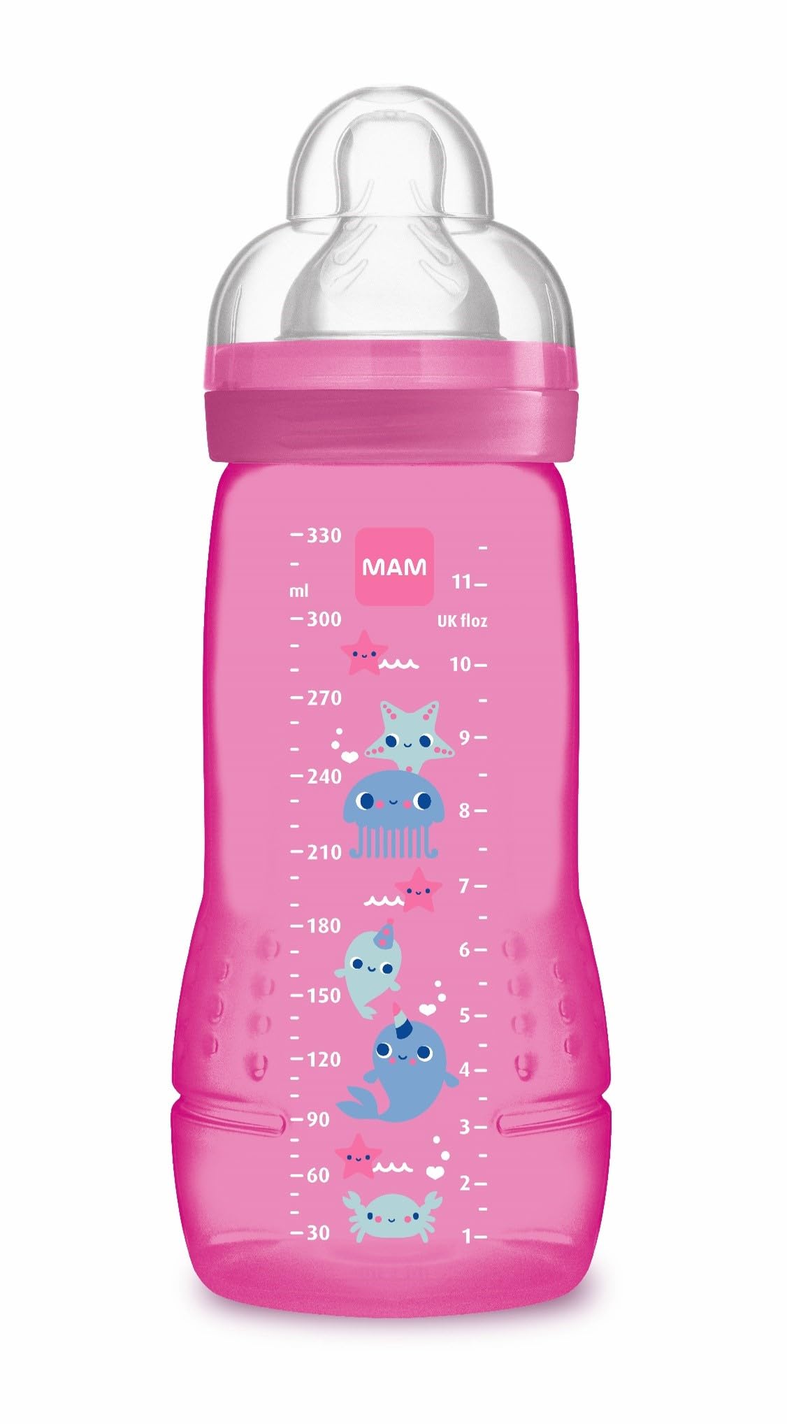 Mam Easy Active Baby Bottle 330 Ml, Biberon Ergonomico, Grande Biberon per Apprendimento, Tettarella Mam N. 3 in Silicone e Tappo Salvagoccia, 4+ Mesi, Rosa