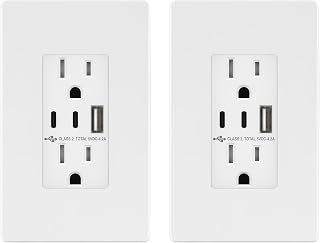 TOPGREENER TU21542AC2-WSID 15A USB Outlet 2-Pack: 2 USB-C + 1 USB-A Ports, 4.2A Tamper-Resistant Receptacle, Screwless Wall Plate, UL Listed White