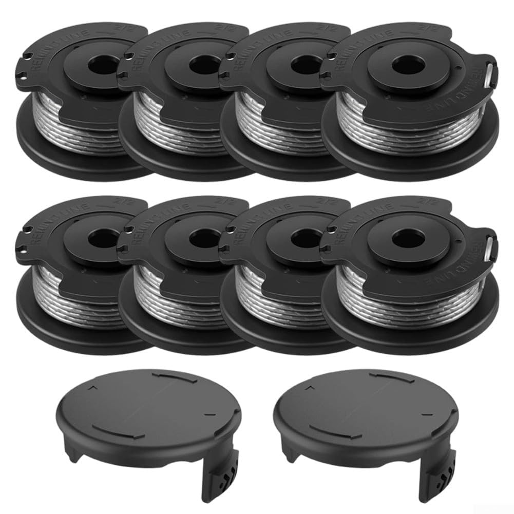 Hilo para cortabordes Recambio de Hilo, Paquete de 8 carretes de Hilo for Recortadora y 2 Cubiertas for Modelos Art de 1,6 mm de diámetro y 4,9 m de Longitud de Nailon Negro