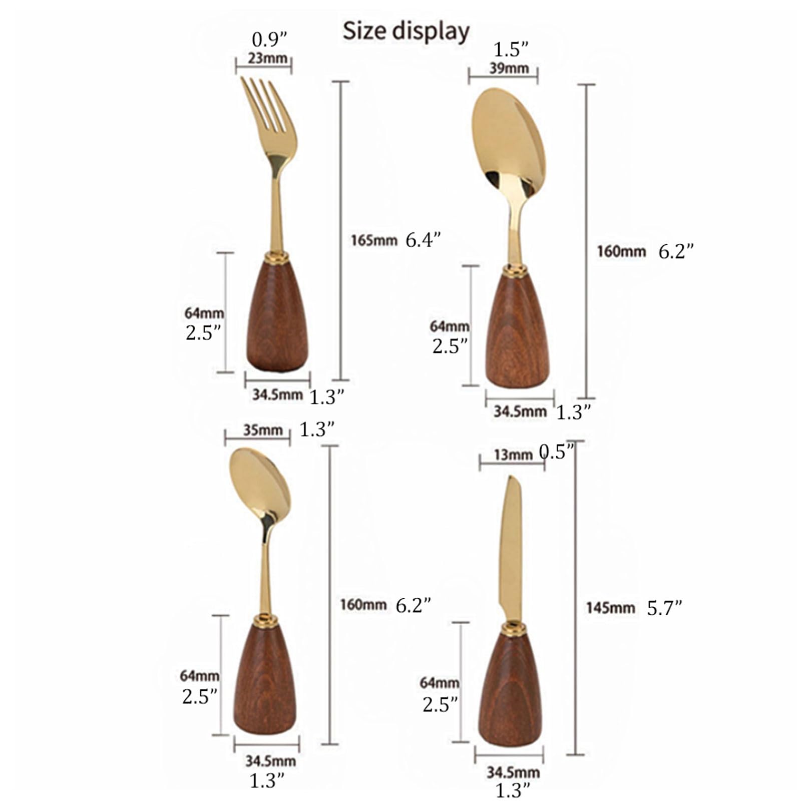 Juego de cubiertos chapados en oro con mango madera 4 piezas, vajilla occidental acero inoxidable for cena, tenedor, cuchara, cuchillo