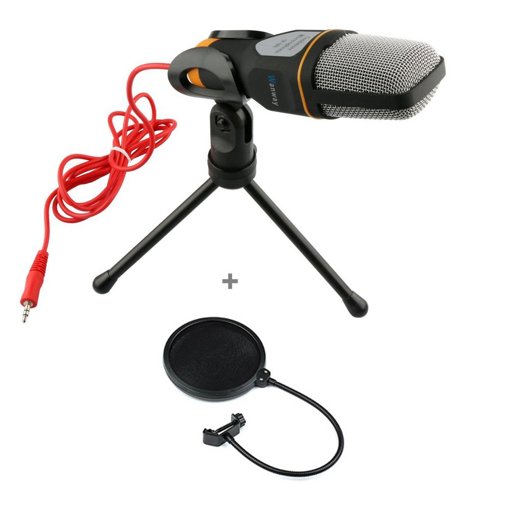 Set of 3 - Portable Wired Professional 3.5mm Plug Condenser Microphone Mic for Laptop PC Computer Notebook Skype Comes with Pop Filter for Studio Recording