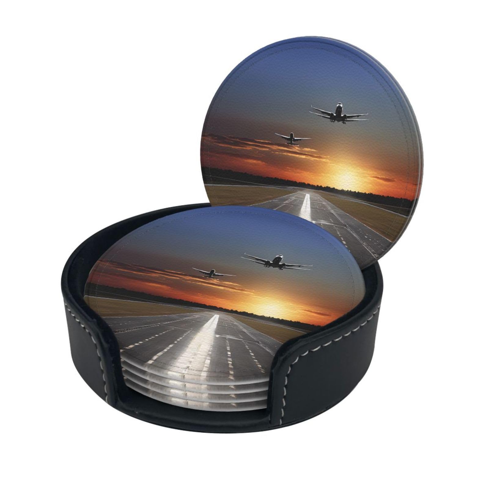 Airport Print Coaster,Round Leather Coasters with Storage Box for Wine Mugs,Cold Drinks and Cups Tabletop Protection (6 Piece)