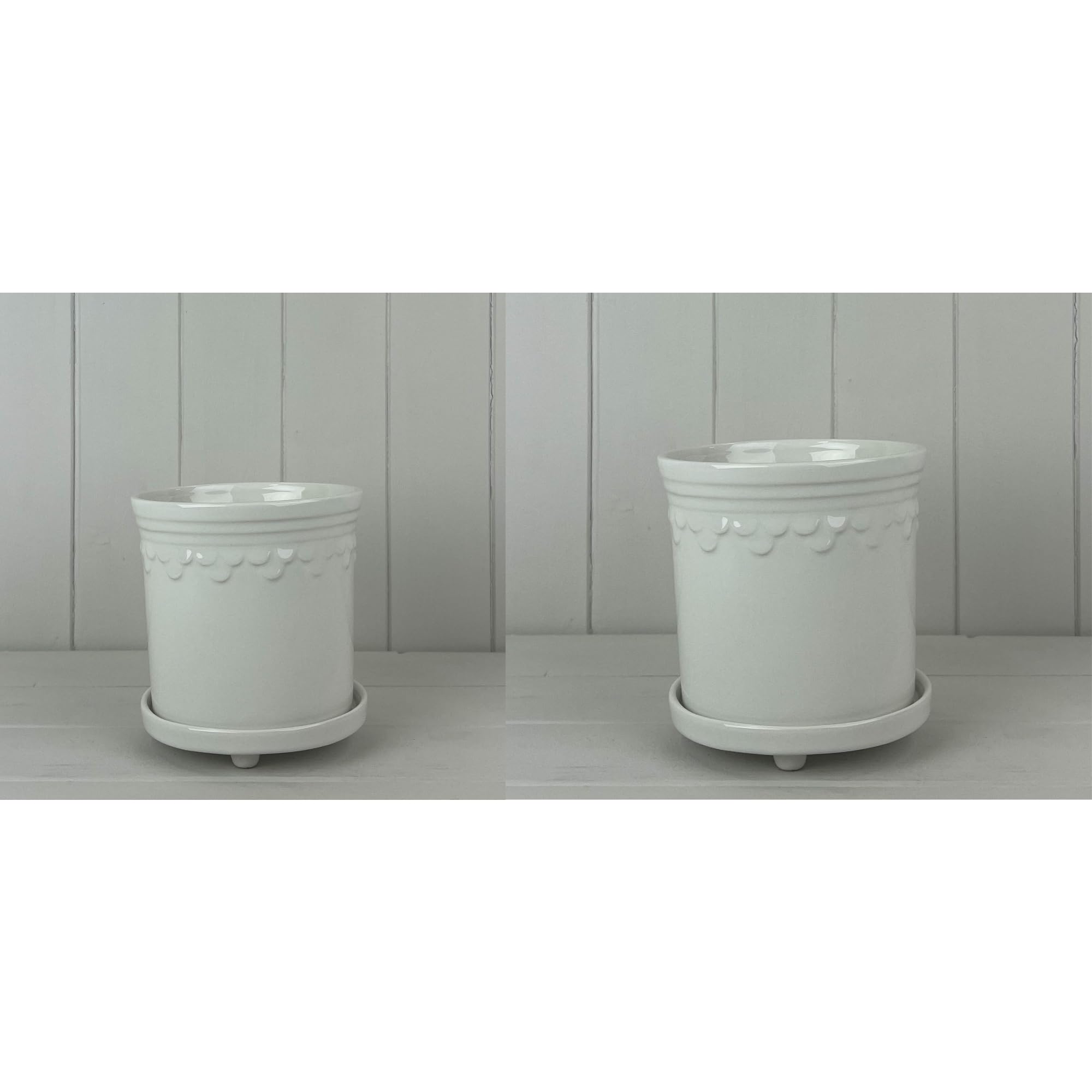 Fyne-Finds White Ceramic Plant Pot With Saucer Indoor Flower Plant Holder Scalloped Edge Drainage Tray Glazed Planter (Small)