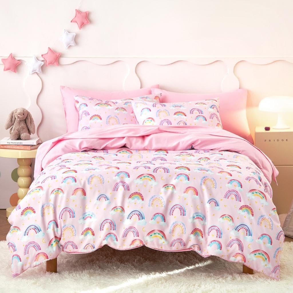 Wake In Cloud - Rainbow Bedding Set for Girls, Cute Colorful Pastel Rainbow Clouds Comforter Set with Sheets, 5 Pieces Kids Bed in a Bag, White Pink, Twin Size