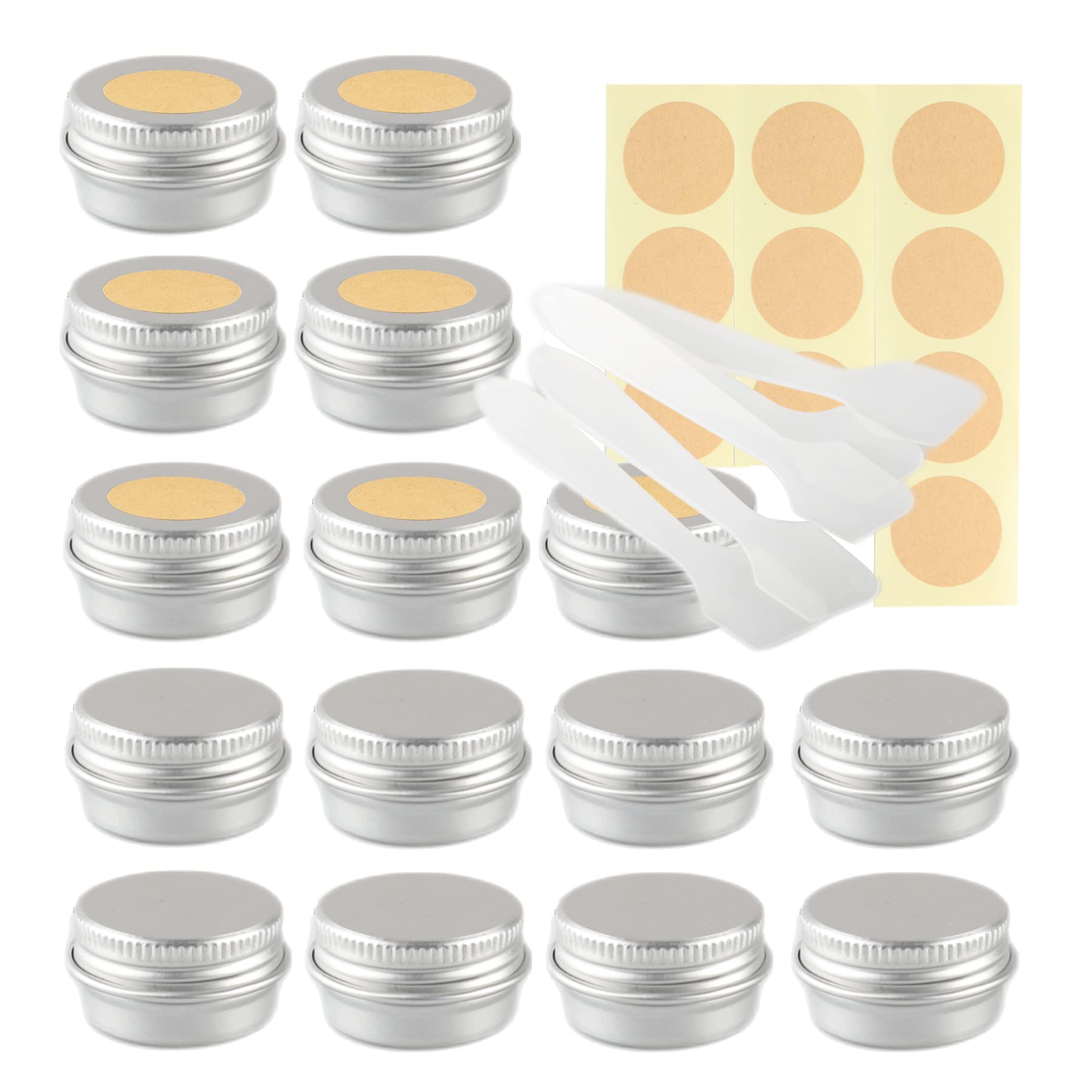 LusDoly Pack of 20 Empty 5ml Silver Aluminium Tins with Lids - Ø26x15mm Aluminum Screw Pots Travel Round Cosmetic Cream Jars Container for Candle Lip Balm, Salve, with Labels & Spatulas