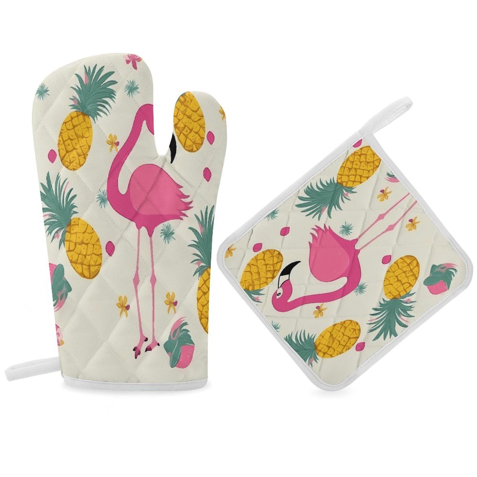 Fodpand Women's Style Flamingo And Pineapple Oven Mitts And Pot Holders Sets,Oven Gloves For Kitchen Oven Mitts And Potholders For Baking Cooking Grilling Apartment Essentials