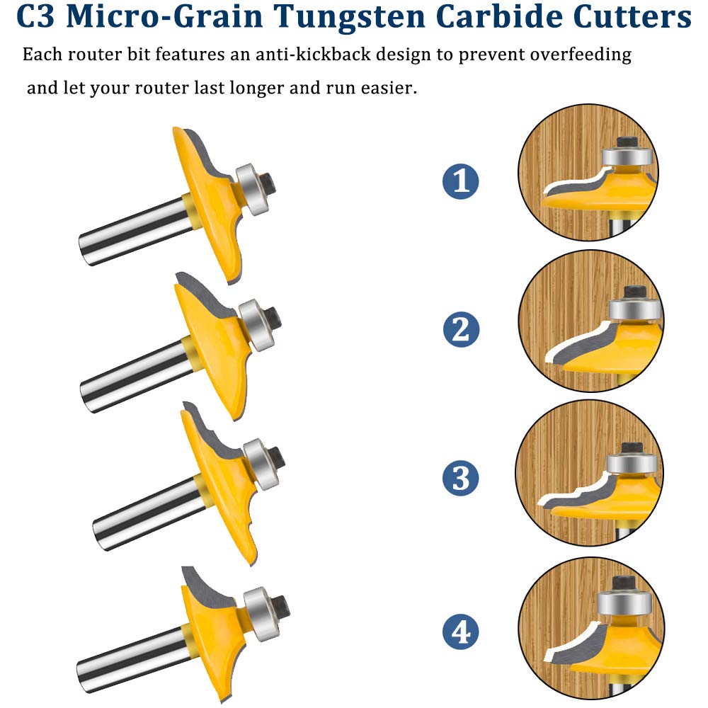 TAIWAIN - Juego de 4 brocas para puerta y cajón de 1/2 pulgada, fresa de madera, fresadora de madera y carburo inglete para carpintería (F-1/2MG)