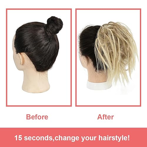 Miniatura 10 de KETHBE Extensiones de pelo sintético corto para cola de caballo, banda elástica de goma para el cabello para mujeres (CZ-marrón mezcla rubio ceniza)