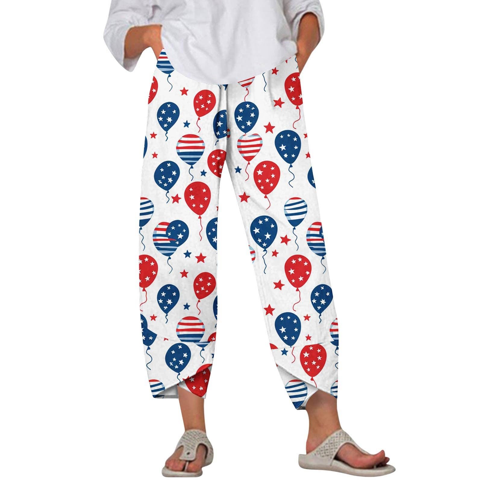 July 4Th Baggy Pants for Women American Flag High Waisted Pants Capri Split Summer Baggy Trouser Elastic Pocket