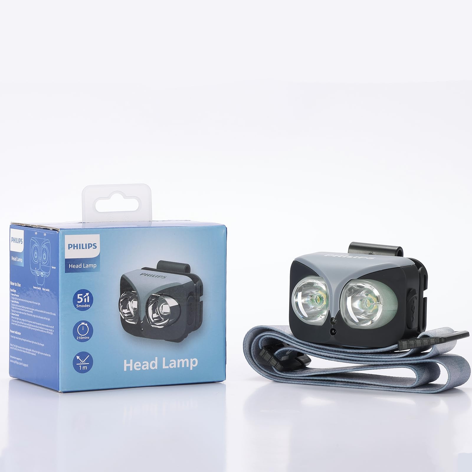 PHILIPS 5W Headlamp, 1000mAh Rechargeable Headlight with Headband, Touch Free Smart Gesture Contaol, 140 ° Tilt, 450LM Super Bright LED Head Light for Camping, Hiking, Fishing, Cycling