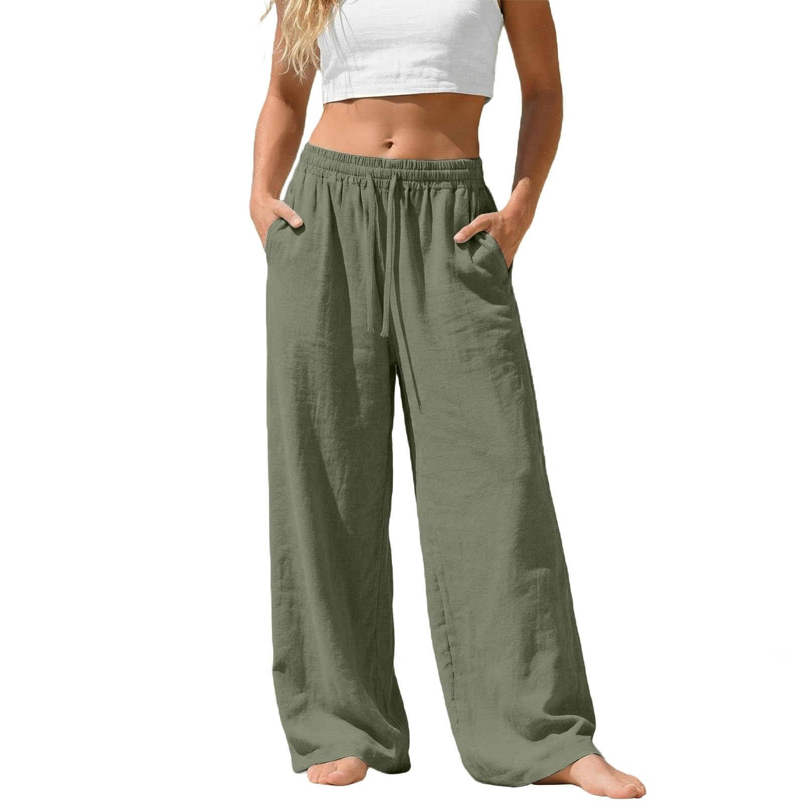 Mobanna Sommerhose Damen Leicht, Leinenhose Damen - Leichte Sommerhosen Lang Sommer Palazzo Weite Bein Hosen Stoffhose Große Größen Weites Pants Einfarbig Baumwolle Leinen Strandhose Mit Taschen