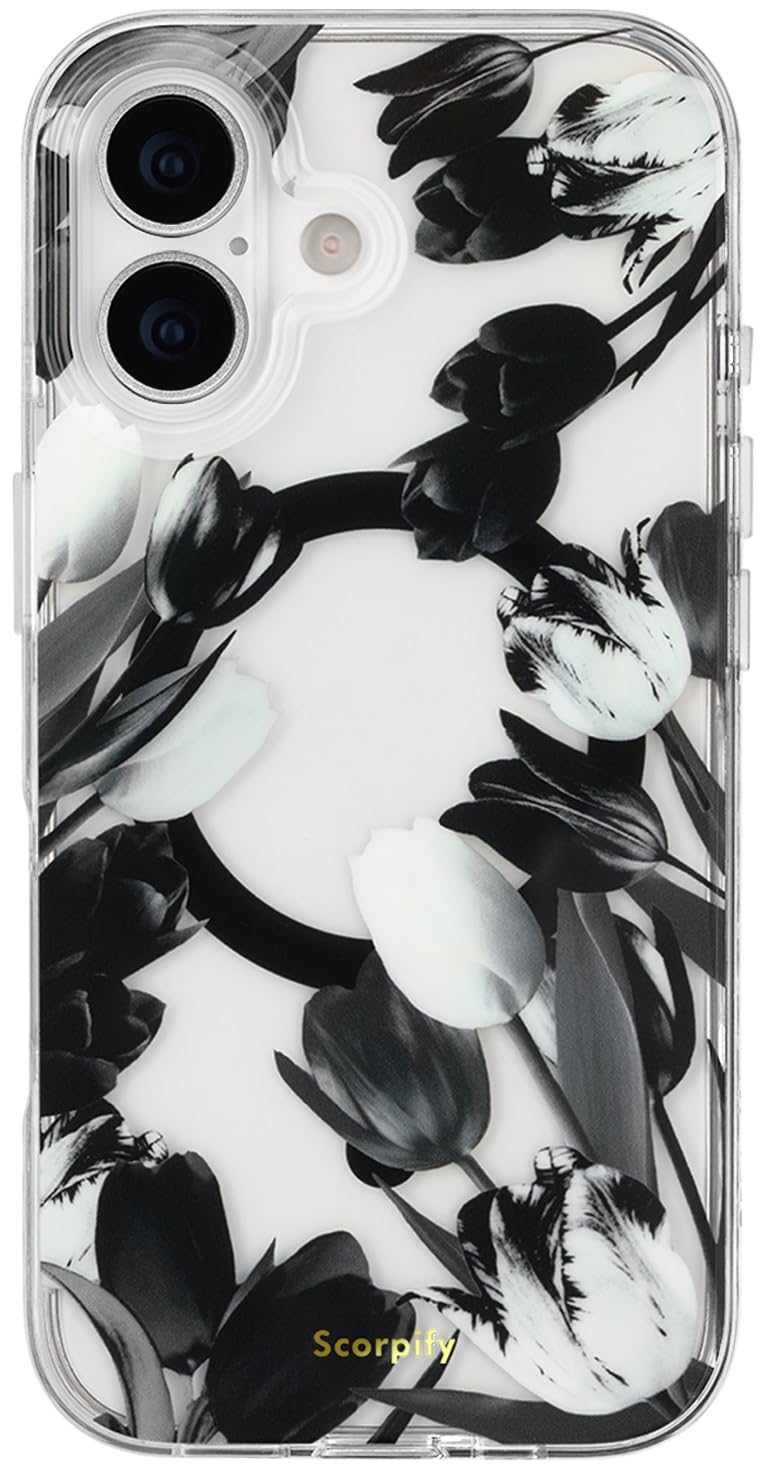 SCORPIFY for iPhone 17 Case [Compatible with MagSafe] with Black Tulip Floral Design, Cute Clear Flower Magnetic Phone Cover for Women Girls, [Non Yellowing] Slim Shockproof Bumper